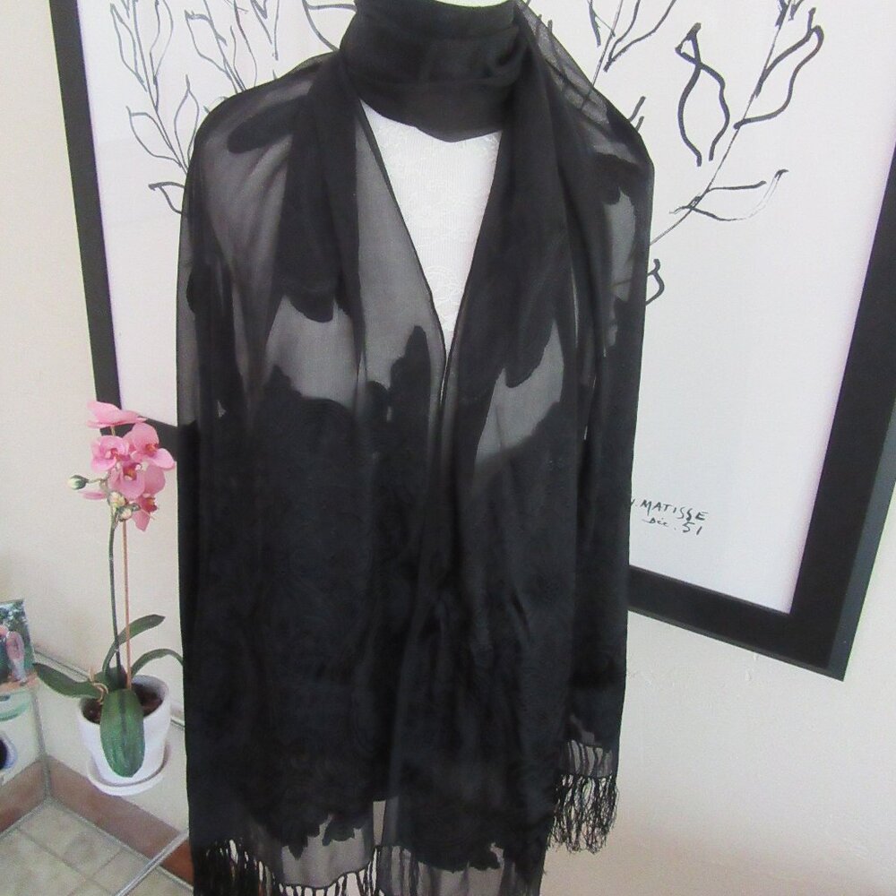 Sheer black shawl scarf with floral & paisley black on black patterns 78" x 21"